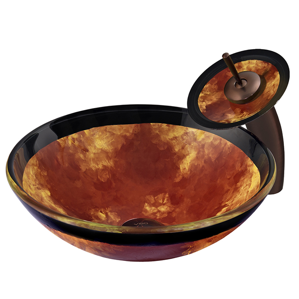 Auburn/Mocha Fusion Glass Vessel Sink and Waterfall Faucet Set in Oil Rubbed Bronze