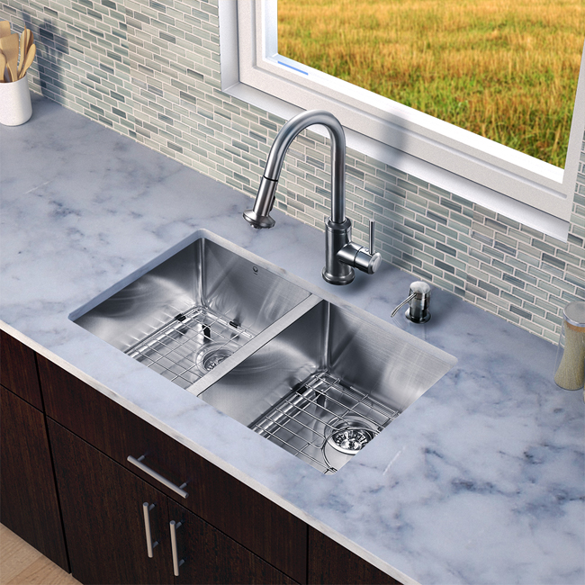 All in One 29-inch Undermount Stainless Steel Double Bowl Kitchen Sink and Faucet Set