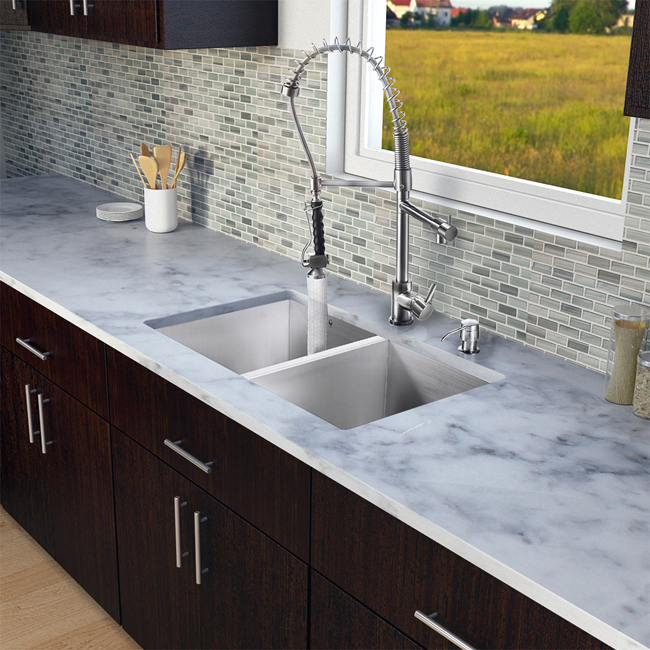 All in One 32-inch Undermount Stainless Steel Double Bowl Kitchen Sink and Faucet Set