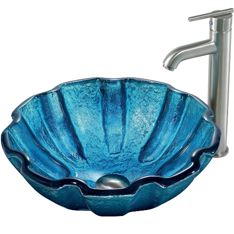 Mediterranean Seashell Glass Vessel Sink and Faucet Set in Brushed Nickel