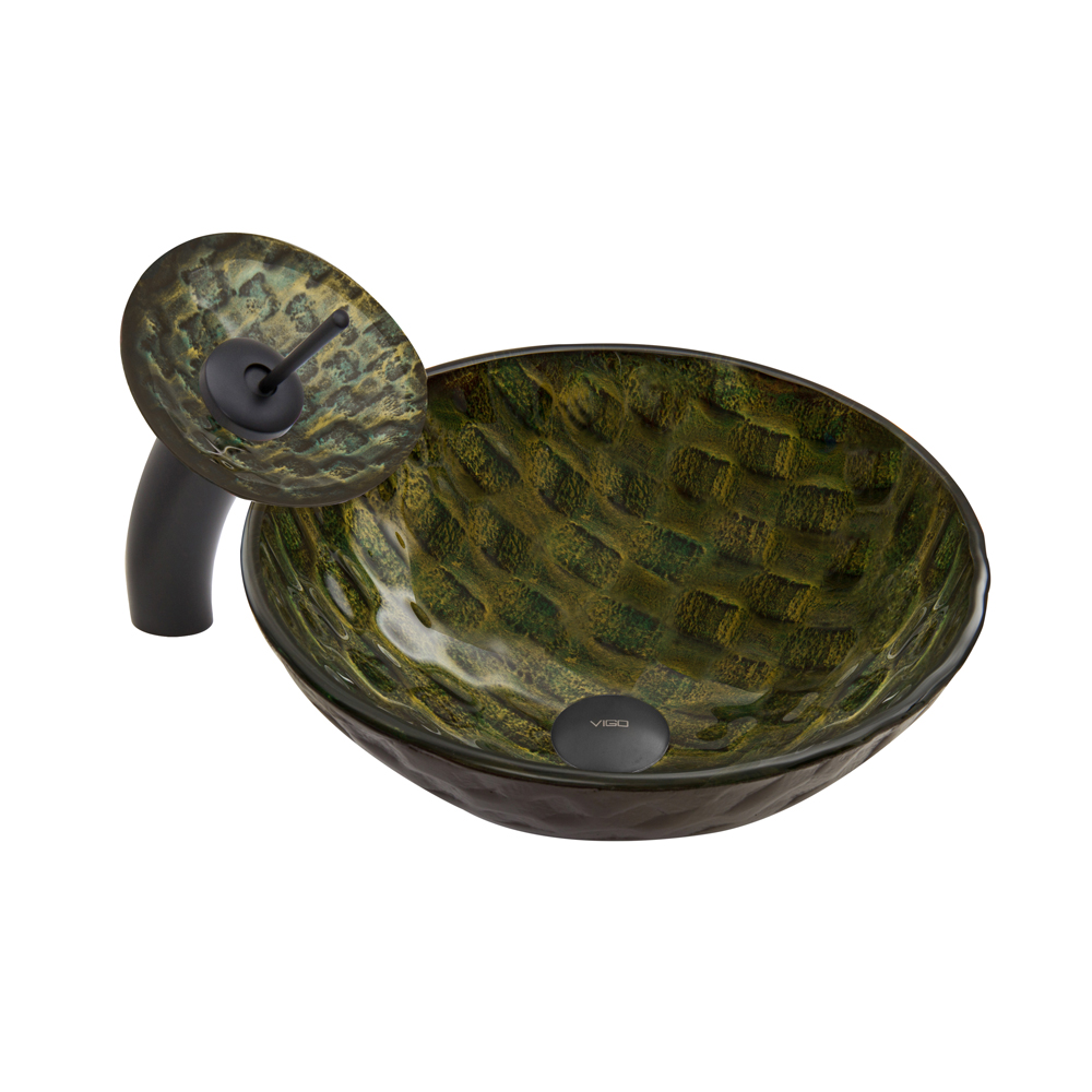 Amazonia Glass Vessel Sink and Waterfall Faucet Set in Matte Black Finish