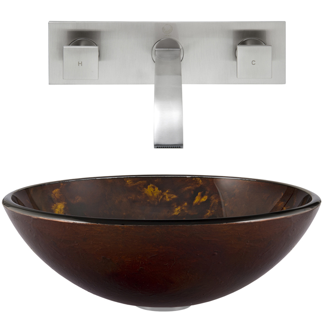 Brown and Gold Fusion Glass Vessel Sink and Titus Wall Mount Faucet Set in Brushed Nickel