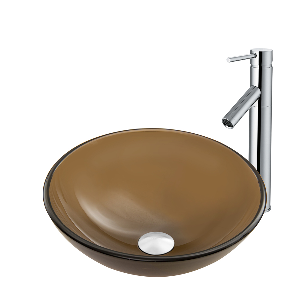 Sheer Sepia Frosted Glass Vessel Sink and Dior Faucet Set in Chrome