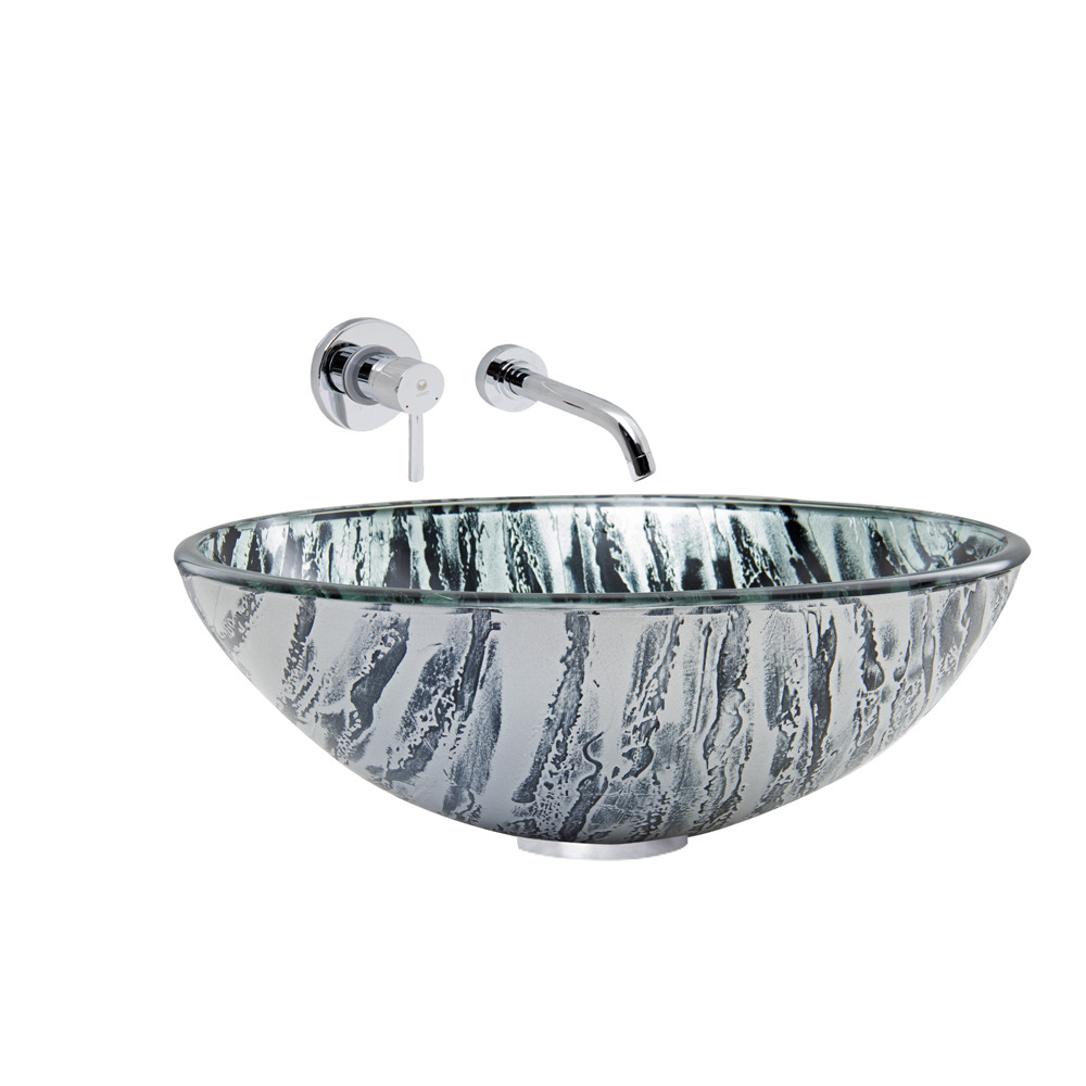 Rising Moon Glass Vessel Sink and Olus Wall Mount Faucet Set in Chrome