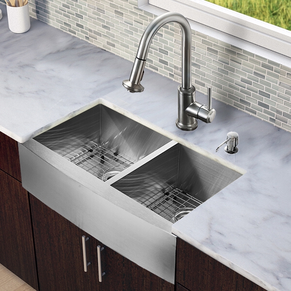 All in One 33-inch Farmhouse Stainless Steel Double Bowl Kitchen Sink and Faucet Set