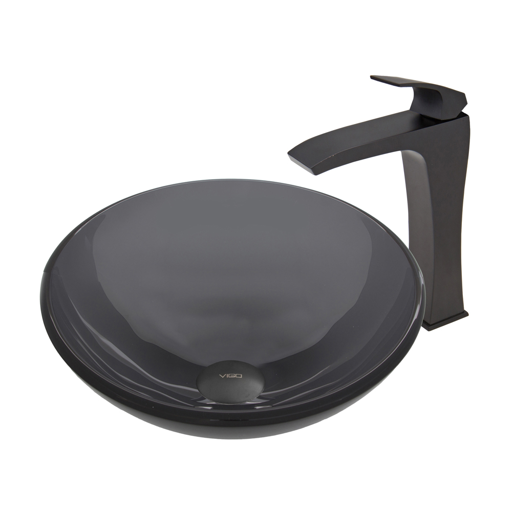 Sheer Black Glass Vessel Sink and Blackstonian Faucet Set in Matte Black
