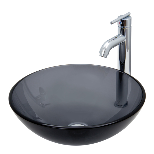 Sheer Black Glass Vessel Sink and Faucet Set in Chrome