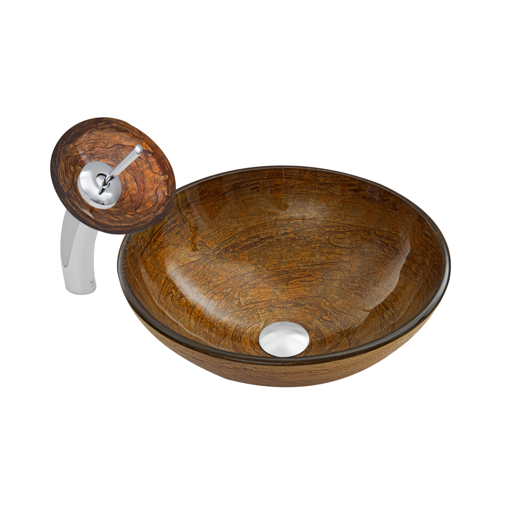 Cappuccino Swirl Glass Vessel Sink and Waterfall Faucet Set in Chrome Finish