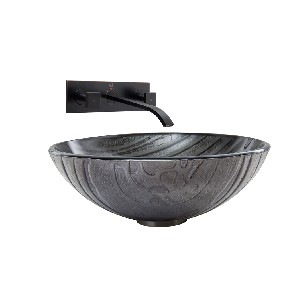 Interspace Glass Vessel Sink and Titus Faucet Set in Antique Rubbed Bronze