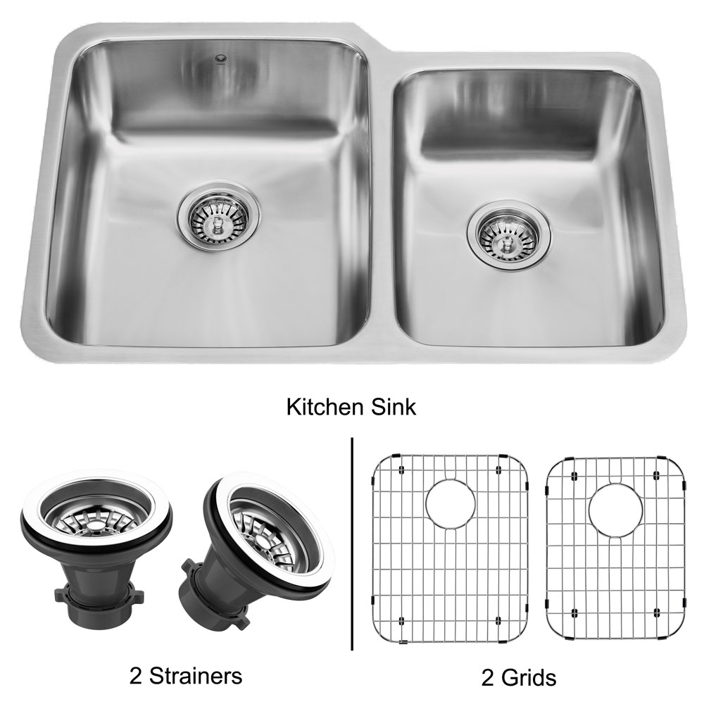 32-inch Undermount Stainless Steel Kitchen Sink, Two Grids and Two Strainers
