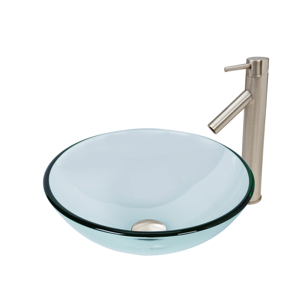 Crystalline Glass Vessel Sink and Dior Vessel Faucet Set in Brushed Nickel