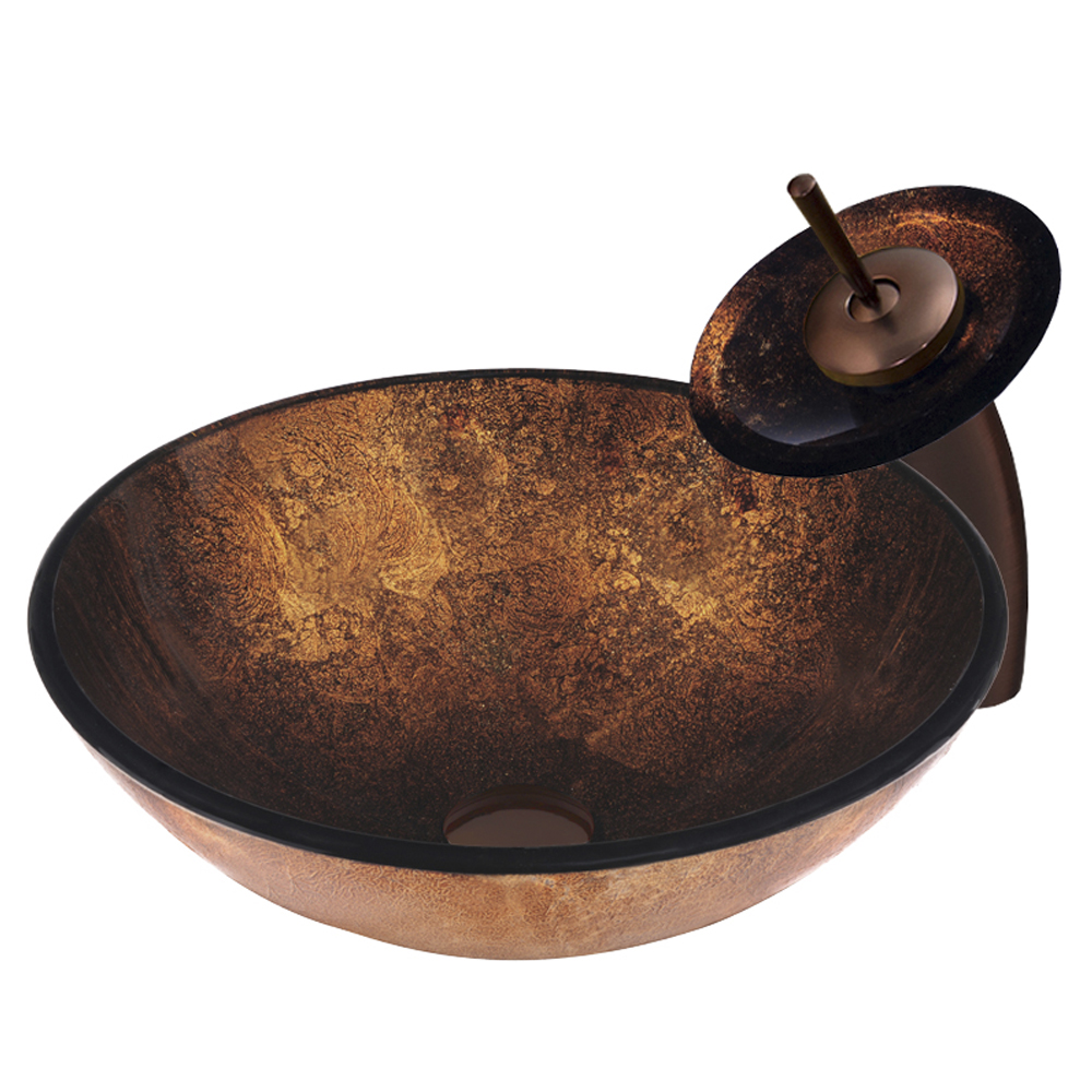 Russet Glass Vessel Sink and Waterfall Faucet Set in Oil Rubbed Bronze