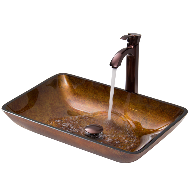 Rectangular Russet Glass Vessel Sink and Faucet Set in Oil Rubbed Bronze