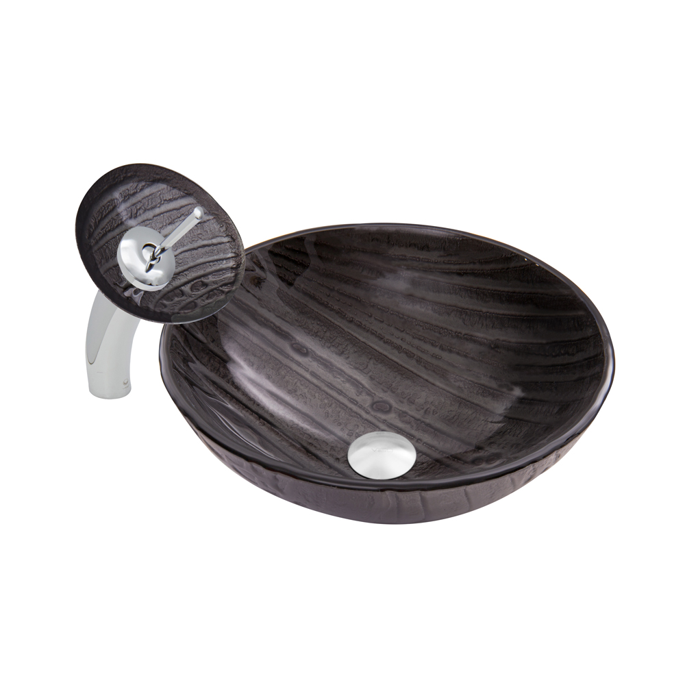 Interspace Glass Vessel Sink and Waterfall Faucet Set in Chrome Finish