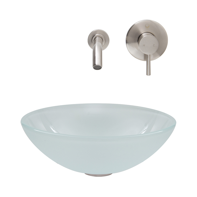 White Frost Vessel Sink and Wall Mount Faucet Set in Brushed Nickel