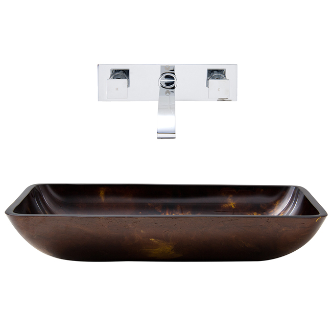 Rectangular Brown and Gold Fusion Glass Vessel Sink and Wall Mount Faucet Set in Chrome