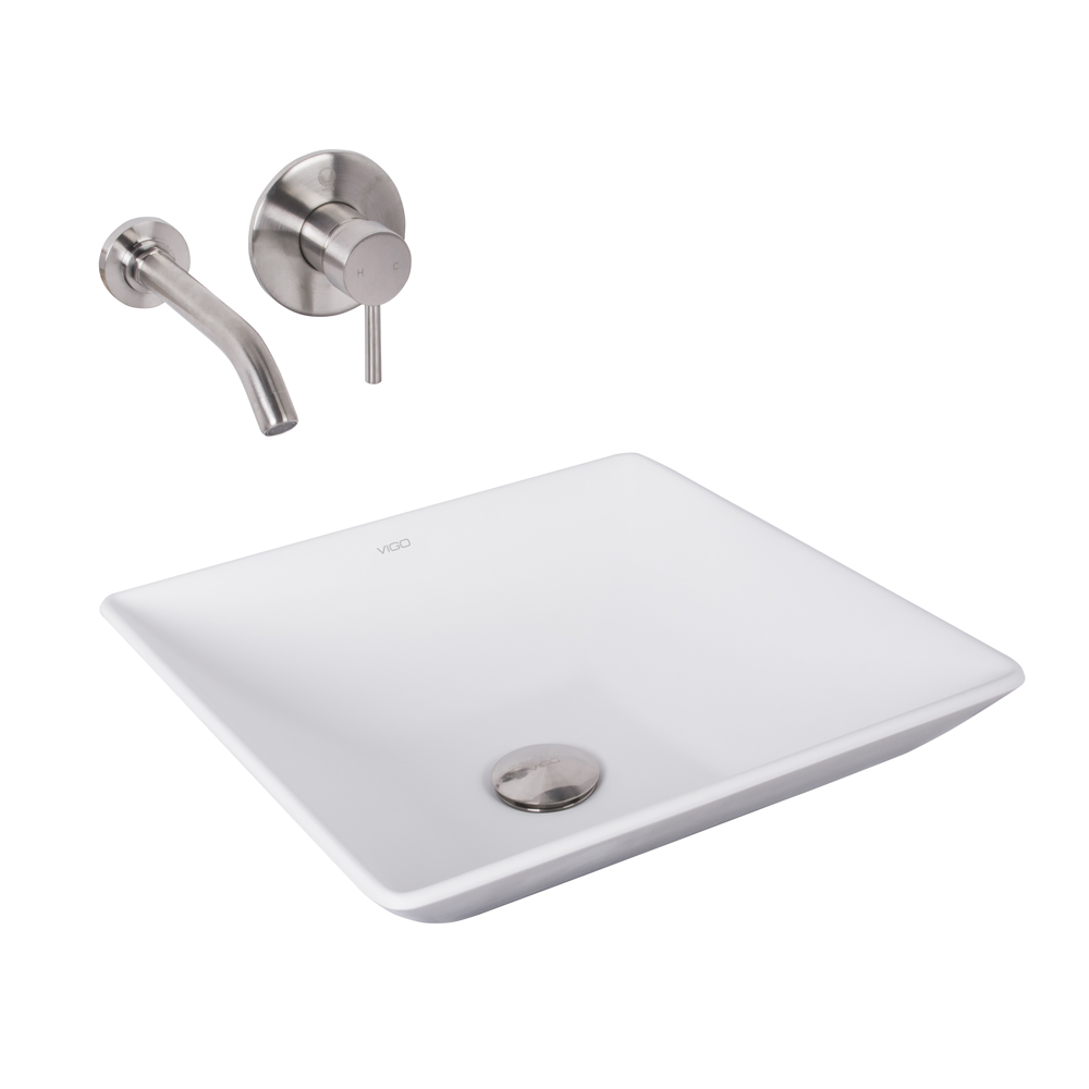 Matira Composite Vessel Sink and Olus Single Lever Wall Mount Faucet Set in Brushed Nickel