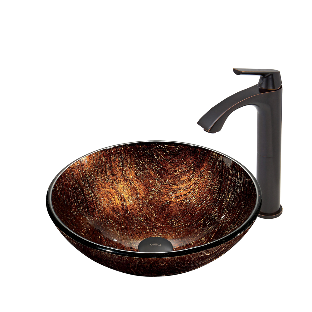 Kenyan Twilight Glass Vessel Sink and Linus Faucet Set in Antique Rubbed Bronze
