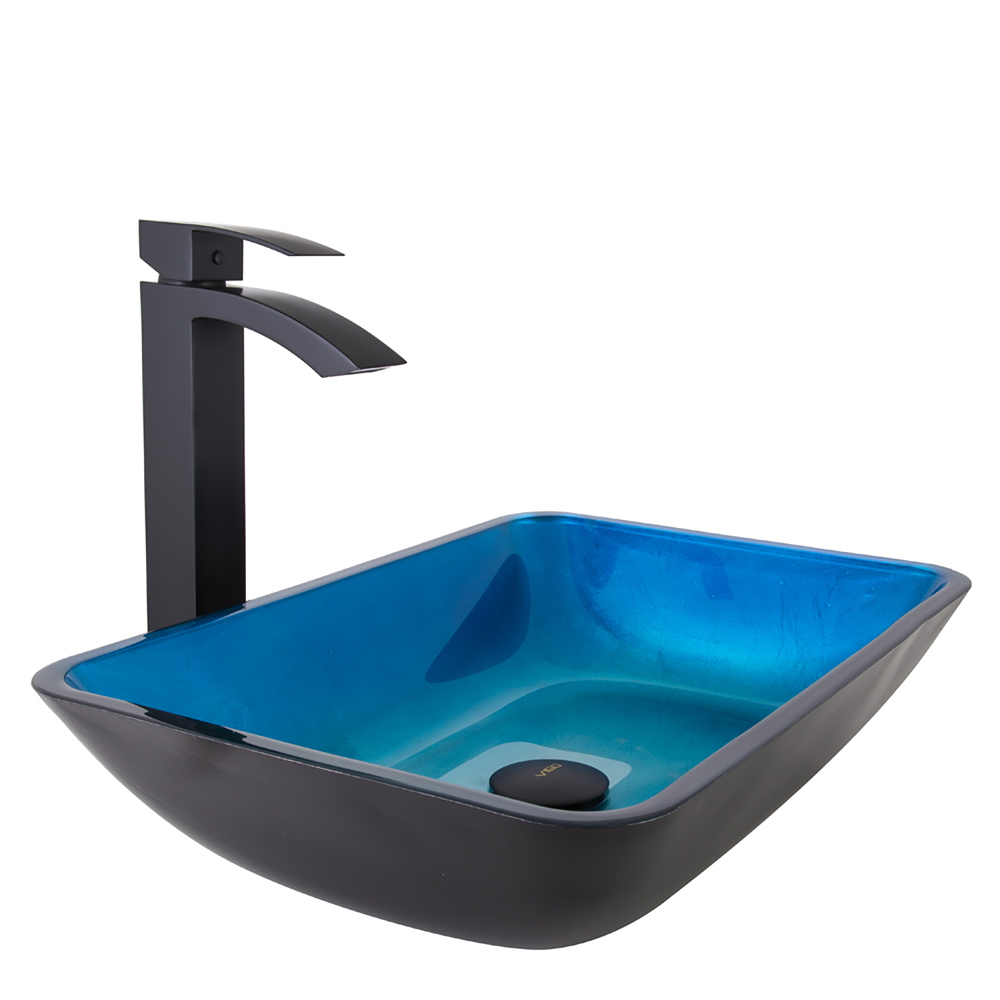 Rectangular Turquoise Water Glass Vessel Sink and Duris Bathroom Vessel Faucet in Matte Black