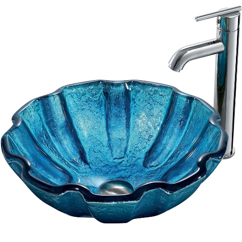 Mediterranean Seashell Glass Vessel Sink and Faucet Set in Chrome