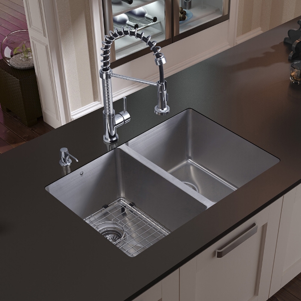 Undermount Stainless Steel Kitchen Sink, Faucet, Two Grids, Two Strainers and Dispenser
