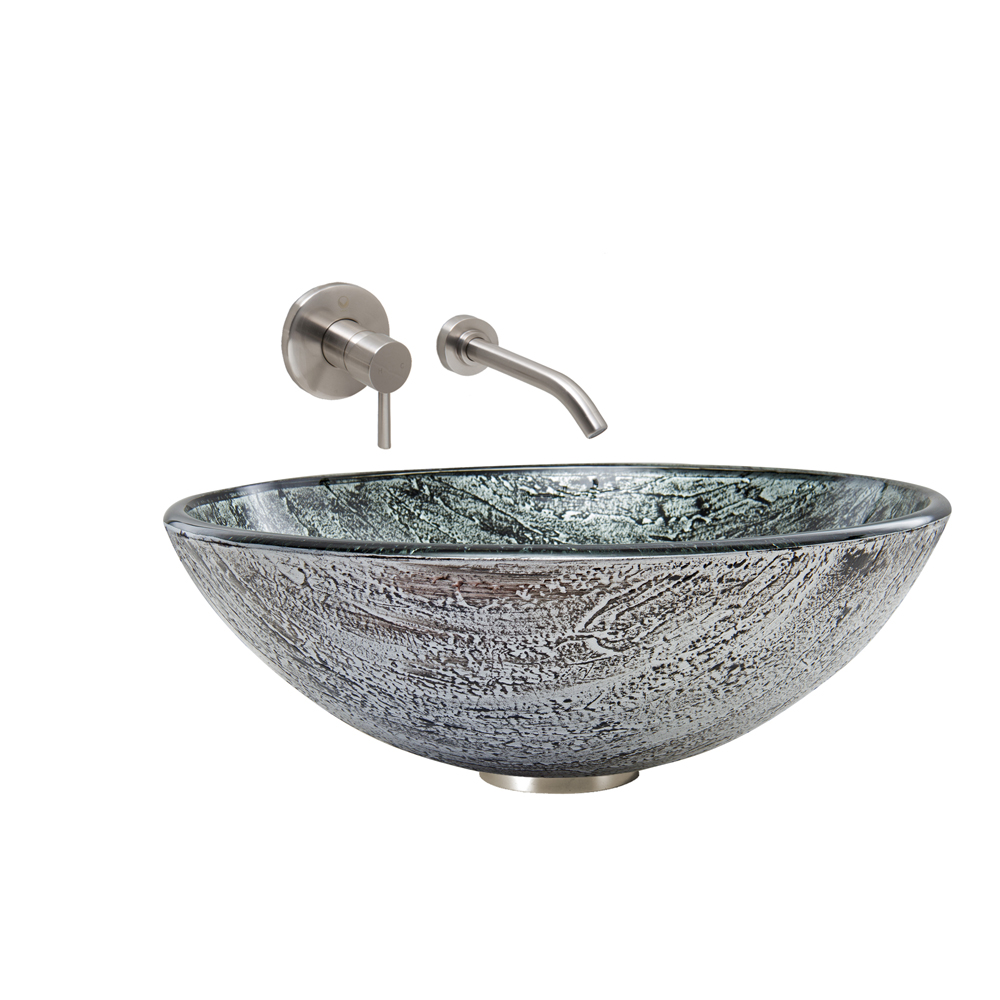 Titanium Glass Vessel Sink and Olus Wall Mount Faucet Set in Brushed Nickel