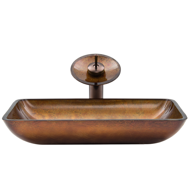 Rectangular Russet Glass Vessel Sink and Waterfall Faucet Set in Oil Rubbed Bronze