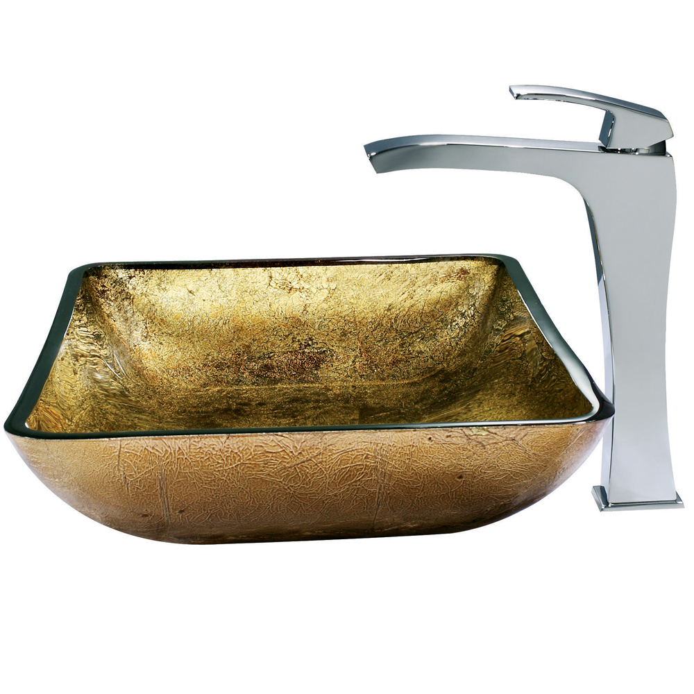 Rectangular Copper Glass Vessel Sink and Faucet Set in Chrome
