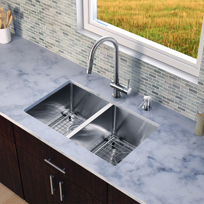 All in One 29-inch Undermount Stainless Steel Double Bowl Kitchen Sink and Faucet Set