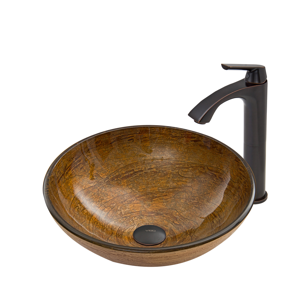 Cappuccino Swirl Glass Vessel Sink and Linus Faucet Set in Antique Rubbed Bronze