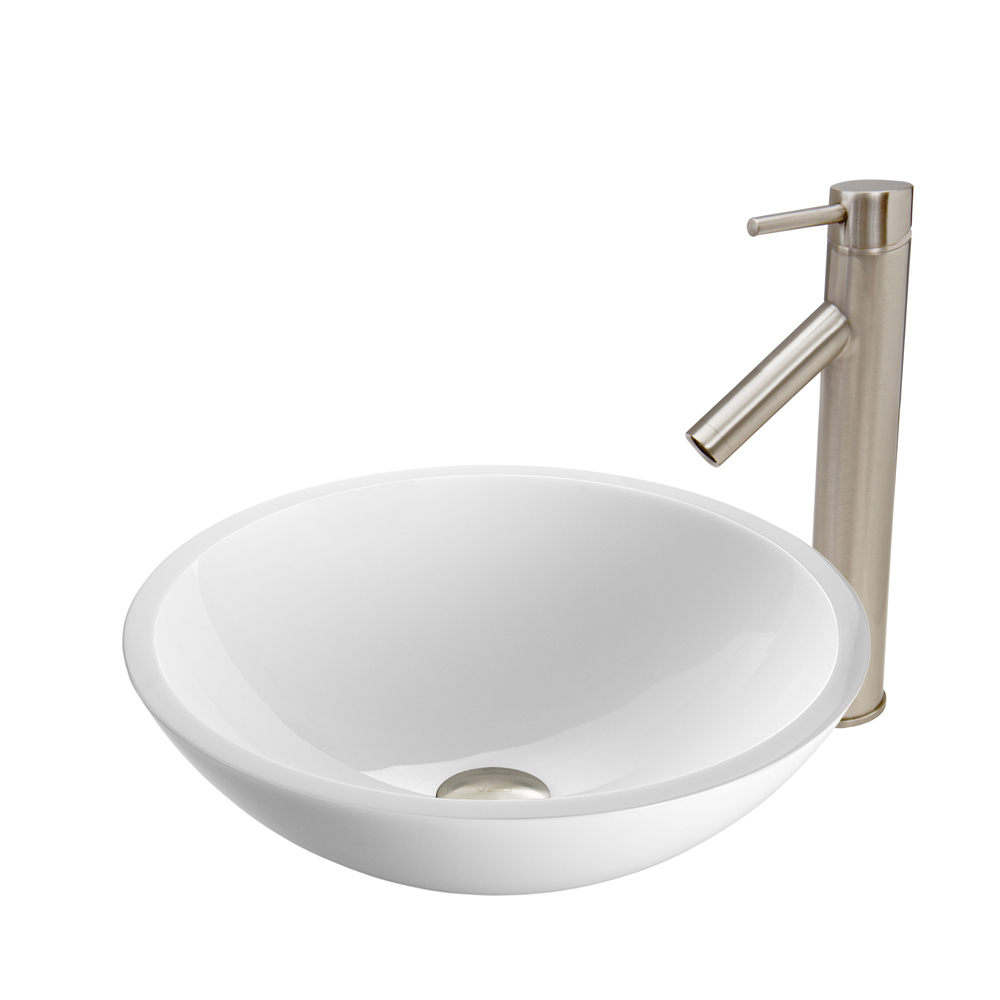 Flat Edged White Phoenix Stone Glass Vessel Sink and Dior Faucet Set in Brushed Nickel