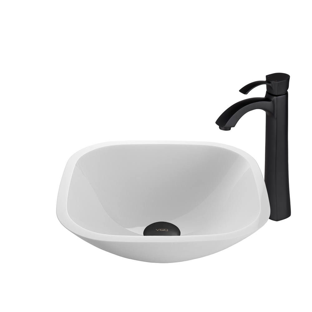 Square Shaped White Phoenix Stone Glass Vessel Sink and Otis Faucet Set in Matte Black