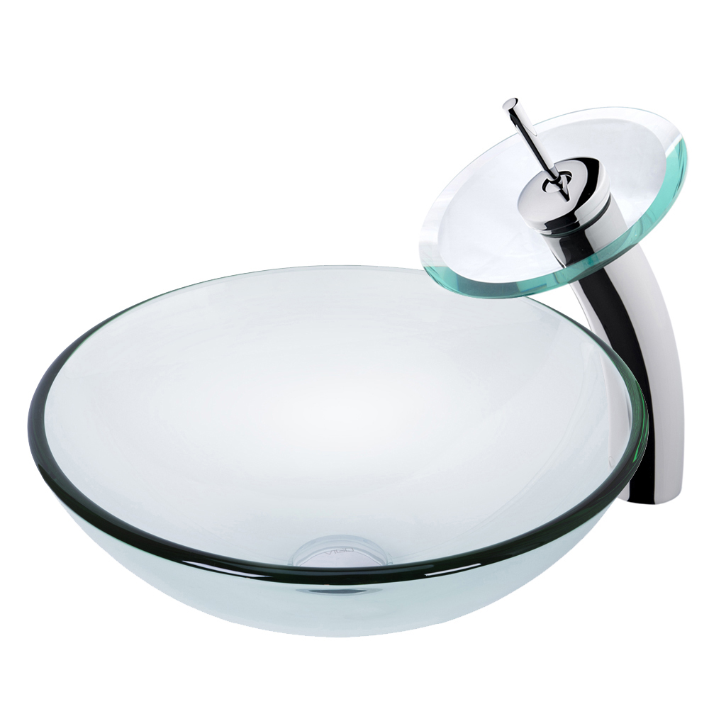 Crystalline Glass Vessel Sink and Waterfall Faucet Set in Chrome Finish