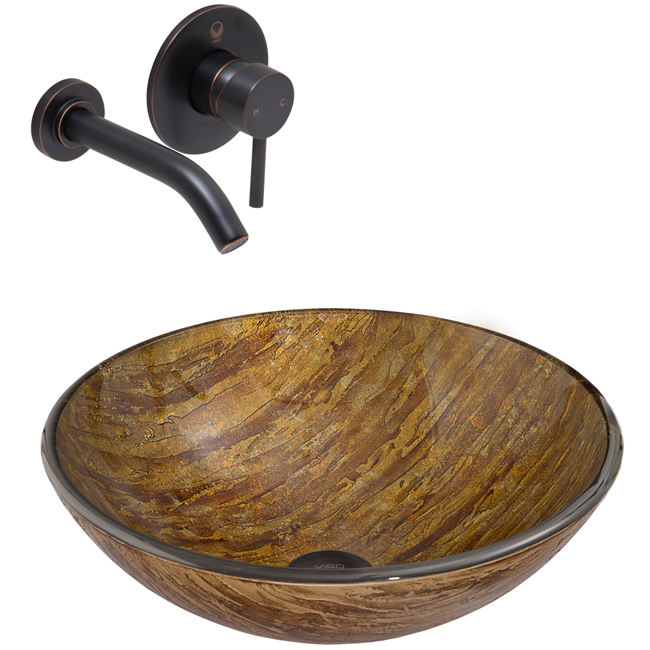 Amber Sunset Glass Vessel Sink and Olus Wall Mount Faucet Set in Antique Rubbed Bronze