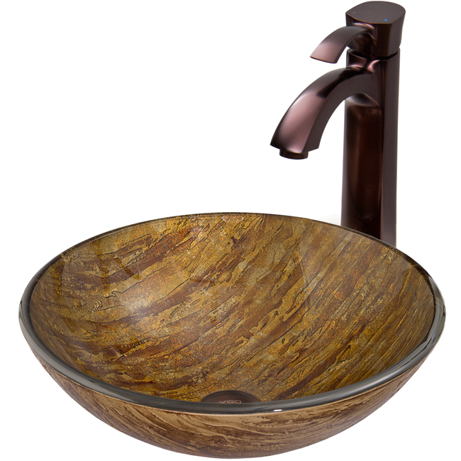 Amber Sunset Glass Vessel Sink and Otis Faucet Set in Oil Rubbed Bronze