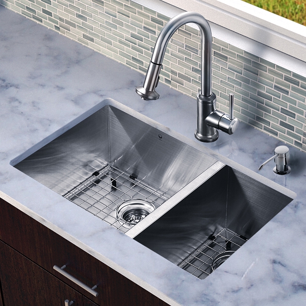 All in One 29-inch Undermount Stainless Steel Double Bowl Kitchen Sink and Faucet Set