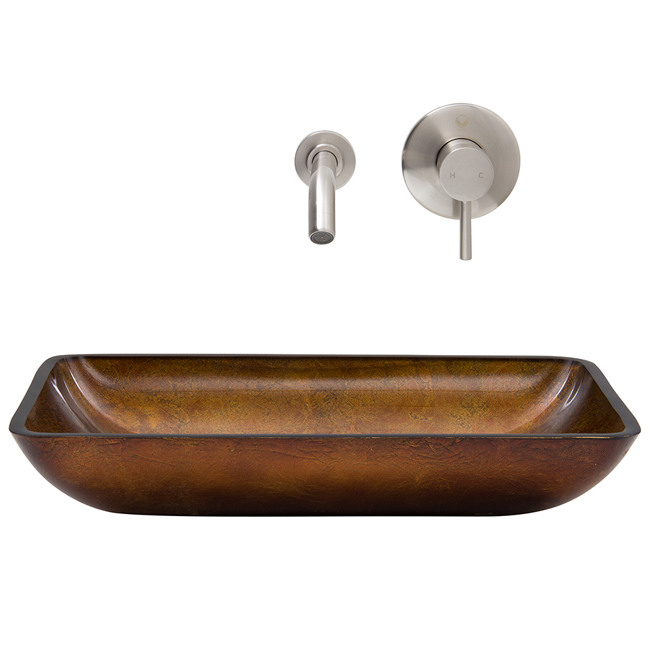 Rectangular Russet Glass Vessel Sink and Wall Mount Faucet Set in Brushed Nickel