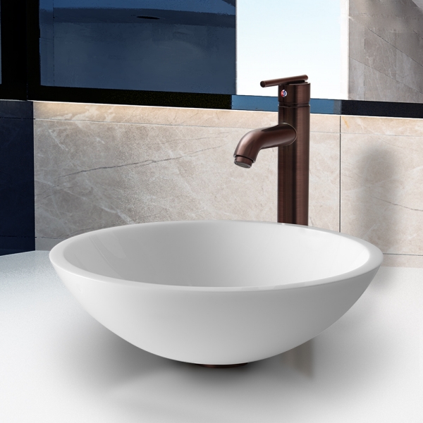 Flat Edged White Phoenix Stone Glass Vessel Sink with Oil Rubbed Bronze Faucet