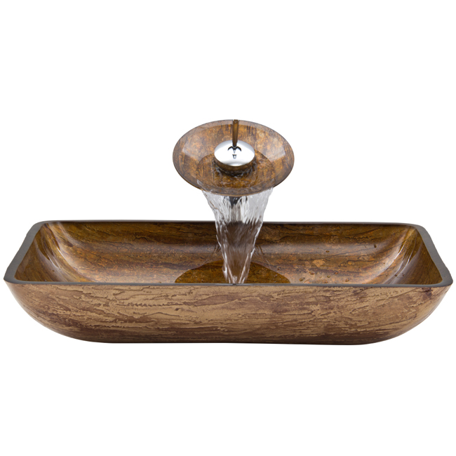 Rectangular Amber Sunset Glass Vessel Sink and Waterfall Faucet Set in Chrome