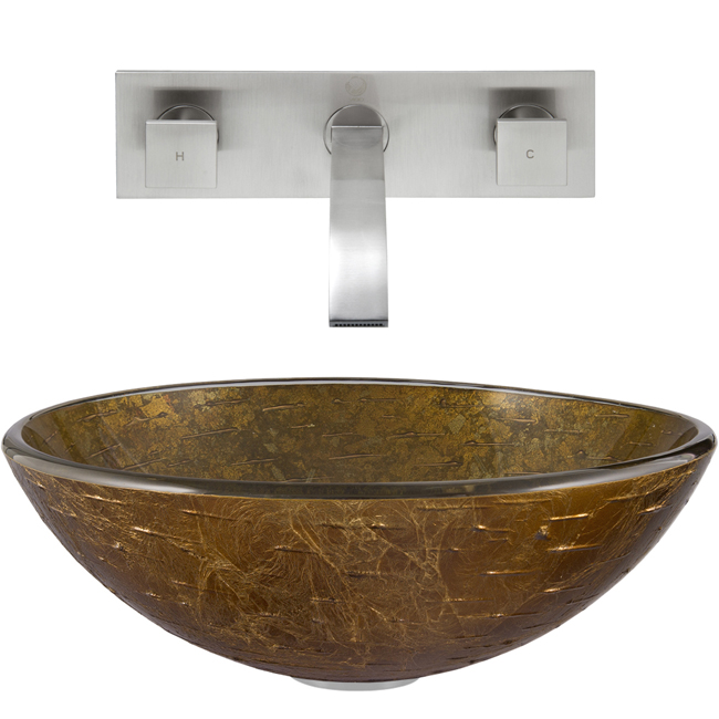 Textured Copper Glass Vessel Sink and Titus Wall Mount Faucet Set in Brushed Nickel