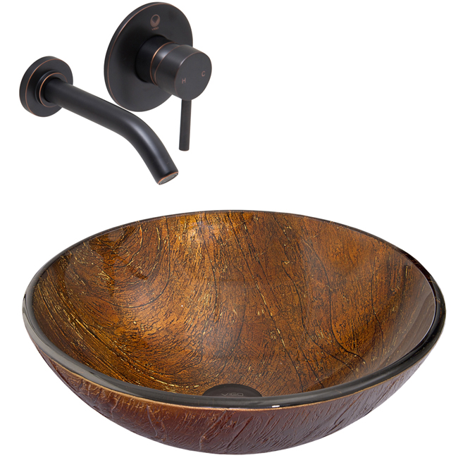 Kenyan Twilight Glass Vessel Sink and Olus Wall Mount Faucet Set in Antique Rubbed Bronze
