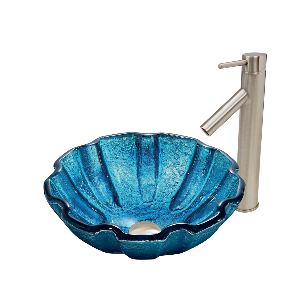 Mediterranean Seashell Glass Vessel Sink and Dior Faucet Set in Brushed Nickel