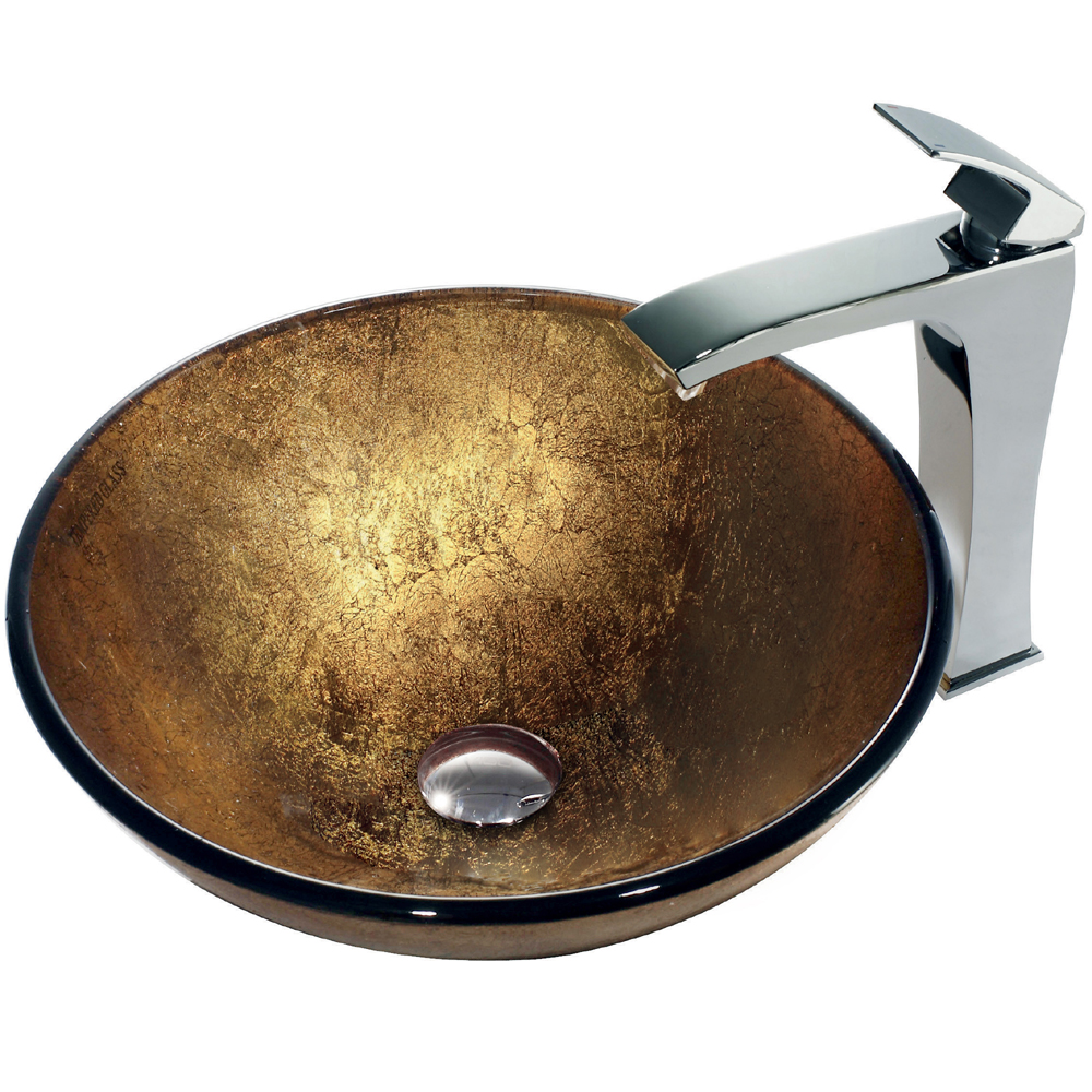 Liquid Gold Glass Vessel Sink and Faucet Set in Chrome