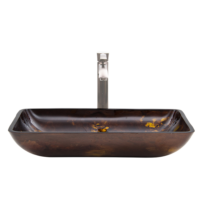 Rectangular Brown and Gold Fusion Glass Vessel Sink and Otis Faucet Set in Brushed Nickel