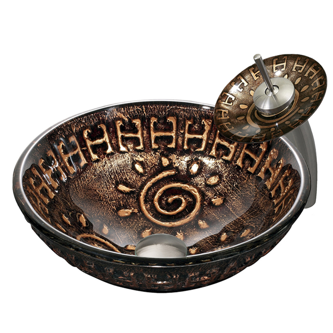 Aztec Glass Vessel Sink and Waterfall Faucet Set in Brushed Nickel