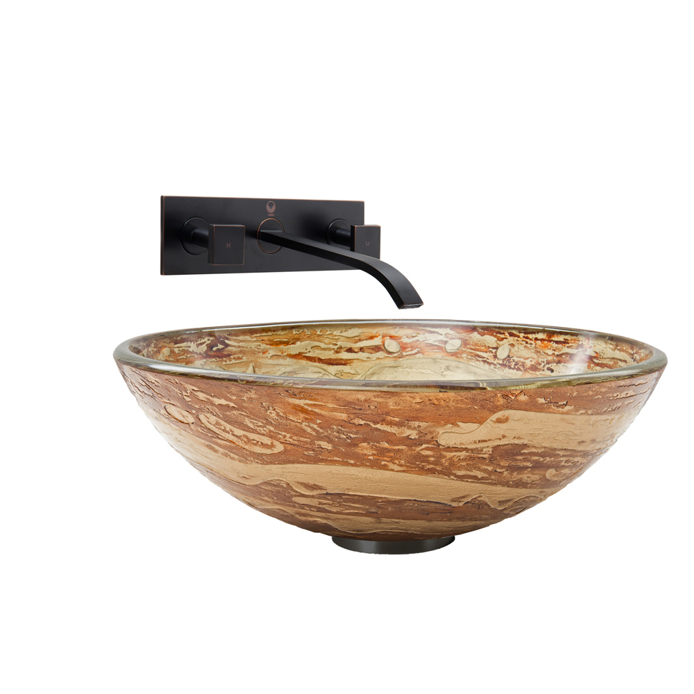 Mocha Swirl Glass Vessel Sink and Titus Wall Mount Faucet Set in Antique Rubbed Bronze