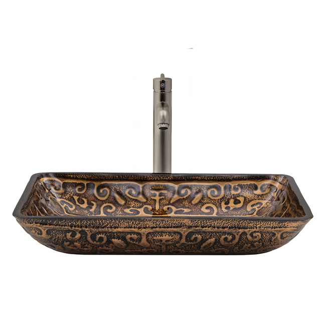 Rectangular Golden Greek Glass Vessel Sink and Faucet Set in Brushed Nickel