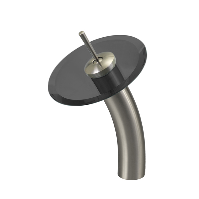 Waterfall Faucet with Sheer Black Glass Disc in Brushed Nickel