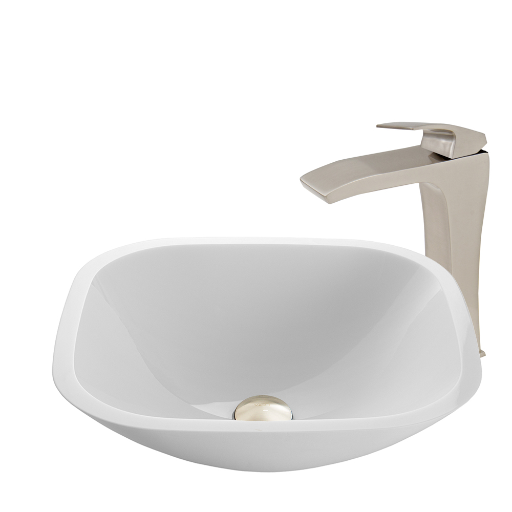 Square Shaped White Phoenix Stone Glass Vessel Sink and Blackstonian Faucet Set in Brushed Nickel