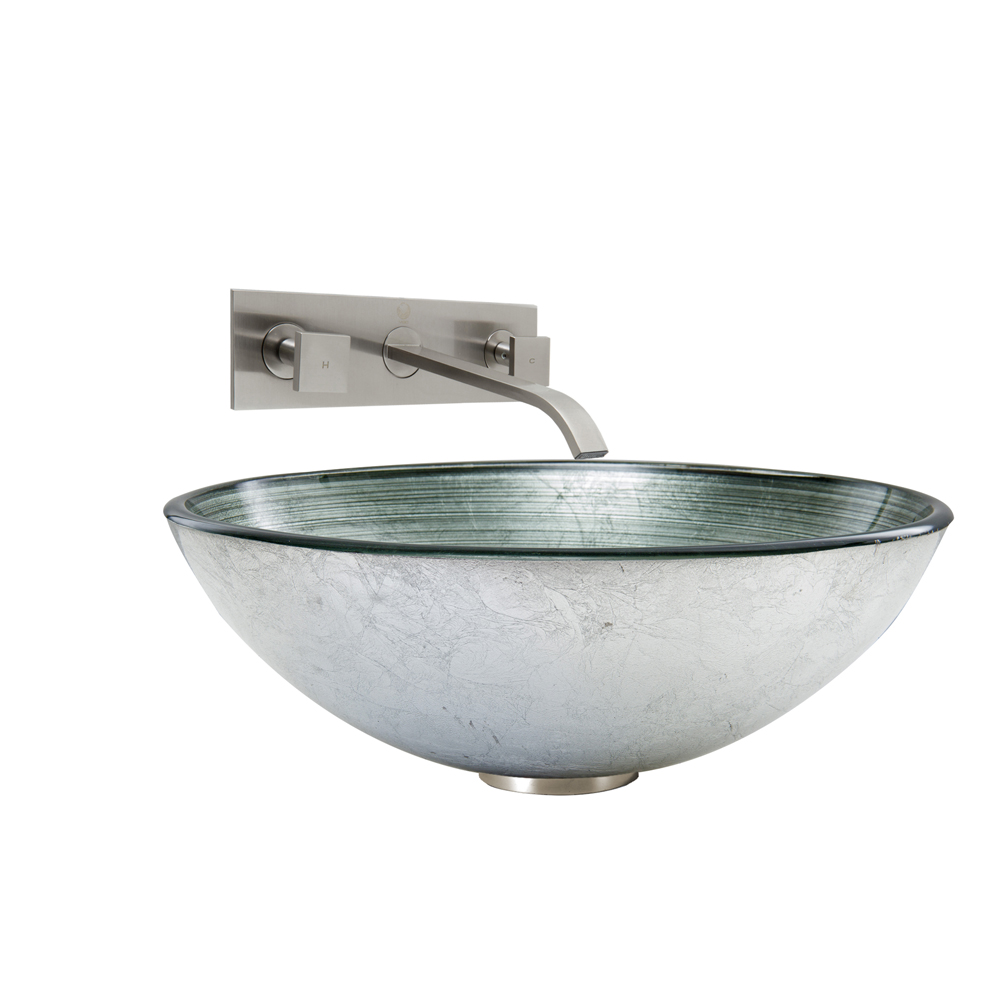 Simply Silver Glass Vessel Sink and Titus Wall Mount Faucet Set in Brushed Nickel
